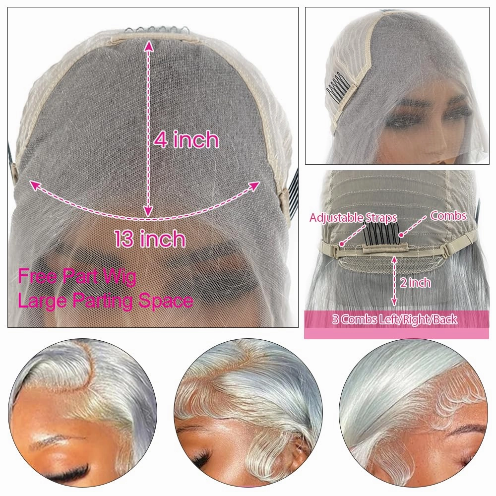 Silver Real Human Hair Wig 13x4 HD Lace Front Wigs for Black Women Grey Color Straight Human Hair Lace Frontal Wigs Pre Plucked Bleached Knots Natural Gray Glueless Wig Tiny Knots Tangle Free