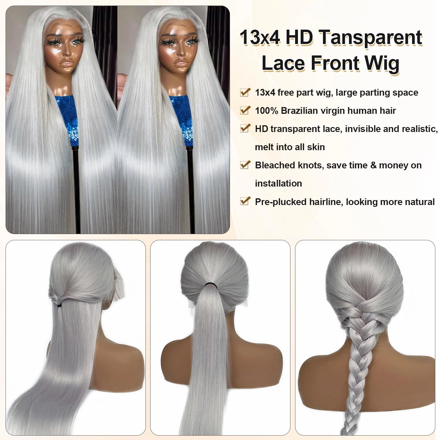 Silver Real Human Hair Wig 13x4 HD Lace Front Wigs for Black Women Grey Color Straight Human Hair Lace Frontal Wigs Pre Plucked Bleached Knots Natural Gray Glueless Wig Tiny Knots Tangle Free