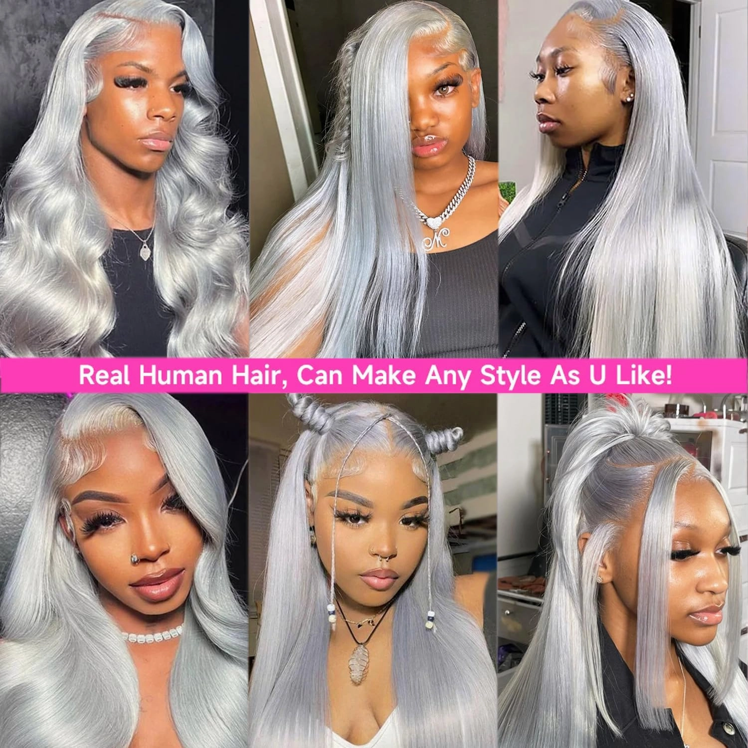 Silver Real Human Hair Wig 13x4 HD Lace Front Wigs for Black Women Grey Color Straight Human Hair Lace Frontal Wigs Pre Plucked Bleached Knots Natural Gray Glueless Wig Tiny Knots Tangle Free
