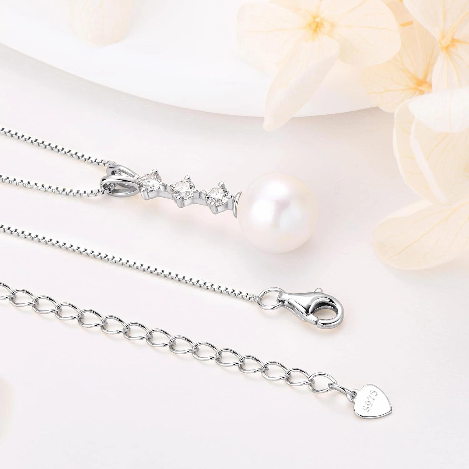 Simple Pearl Necklace for Women, 925 Sterling Silver Freshwater Cultured Single Pearl Pendant Necklaces, Anniversary Birthday Wedding Jewelry Gifts for Mom Wife Daughter