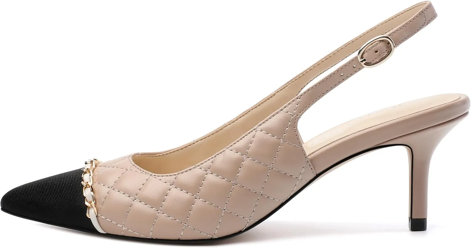 Slingback Heels for Women, Closed Toe Kitten Heels with Adjustable Ankle Strap, Slip On Pumps for Womens Dress Shoes
