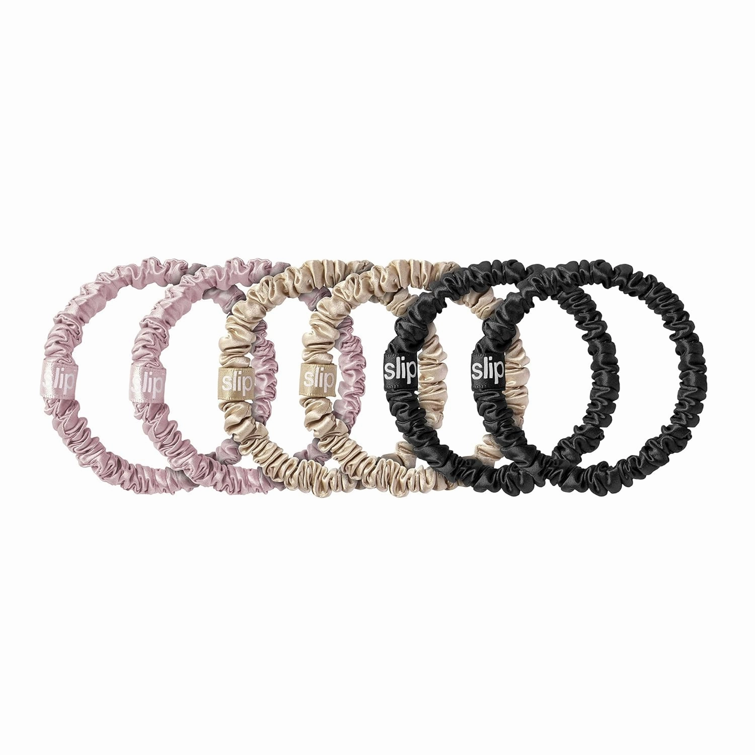slip Skinny Scrunchies Multi | Set of 6 Pure Silk Skinny Scrunchies | Includes 2 Pink, 2 Caramel, 2 Black | 100% Mulberry Silk, Anti-Crease, Gentle on Hair, Reduces Breakage | Stylish & Durable