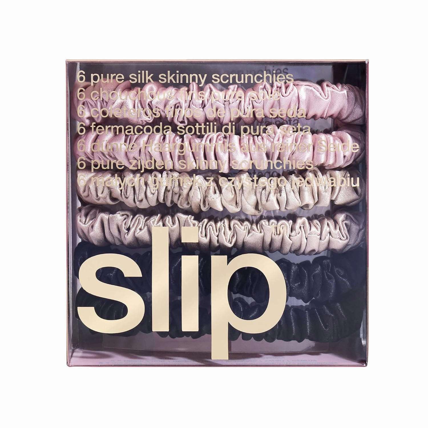 slip Skinny Scrunchies Multi | Set of 6 Pure Silk Skinny Scrunchies | Includes 2 Pink, 2 Caramel, 2 Black | 100% Mulberry Silk, Anti-Crease, Gentle on Hair, Reduces Breakage | Stylish & Durable