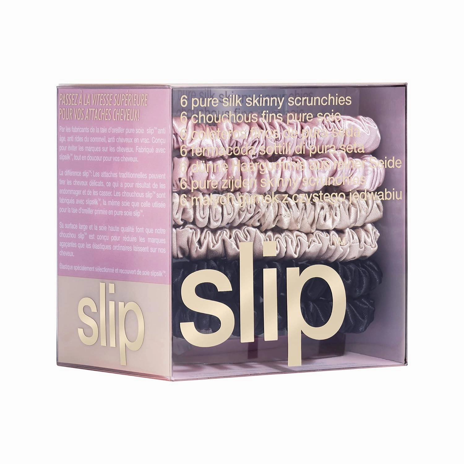 slip Skinny Scrunchies Multi | Set of 6 Pure Silk Skinny Scrunchies | Includes 2 Pink, 2 Caramel, 2 Black | 100% Mulberry Silk, Anti-Crease, Gentle on Hair, Reduces Breakage | Stylish & Durable