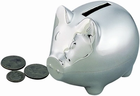 Small Pewter Pig Piggy Bank for Kids, Newborn Gift, Silver, Shiny Non-Tarnish Nickel Plated Finish, 3" x 3.75", Gift Box Included