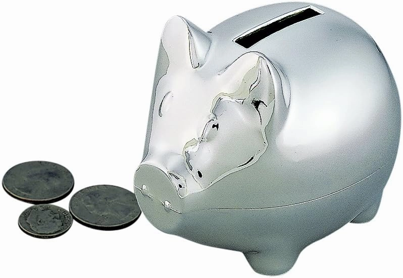 Small Pewter Pig Piggy Bank for Kids, Newborn Gift, Silver, Shiny Non-Tarnish Nickel Plated Finish, 3" x 3.75", Gift Box Included