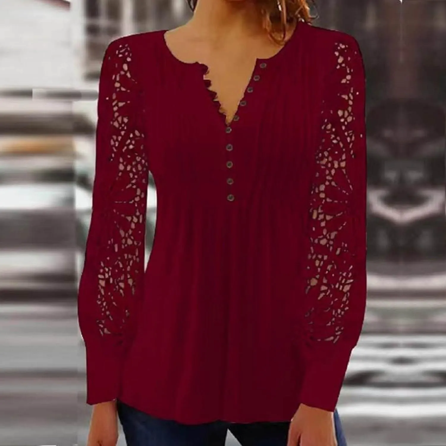 SMIDOW Elegant Lace Lantern Long Sleeve t-Shirt for Women Trendy Sexy Button v Neck Spring Tunic Tops Blouse