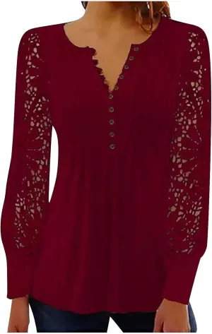 SMIDOW Elegant Lace Lantern Long Sleeve t-Shirt for Women Trendy Sexy Button v Neck Spring Tunic Tops Blouse