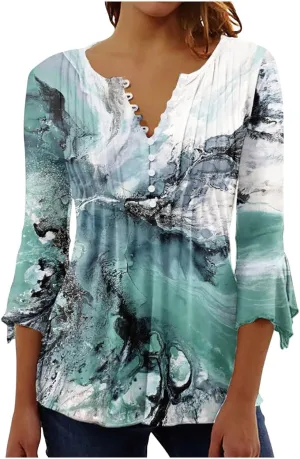 SMIDOW Three Quarter Bell Sleeve Tops for Women Fashion Summer Tunic Shirt 3/4 Sleeve Henley v Neck Boho Floral Tshirt Blouse