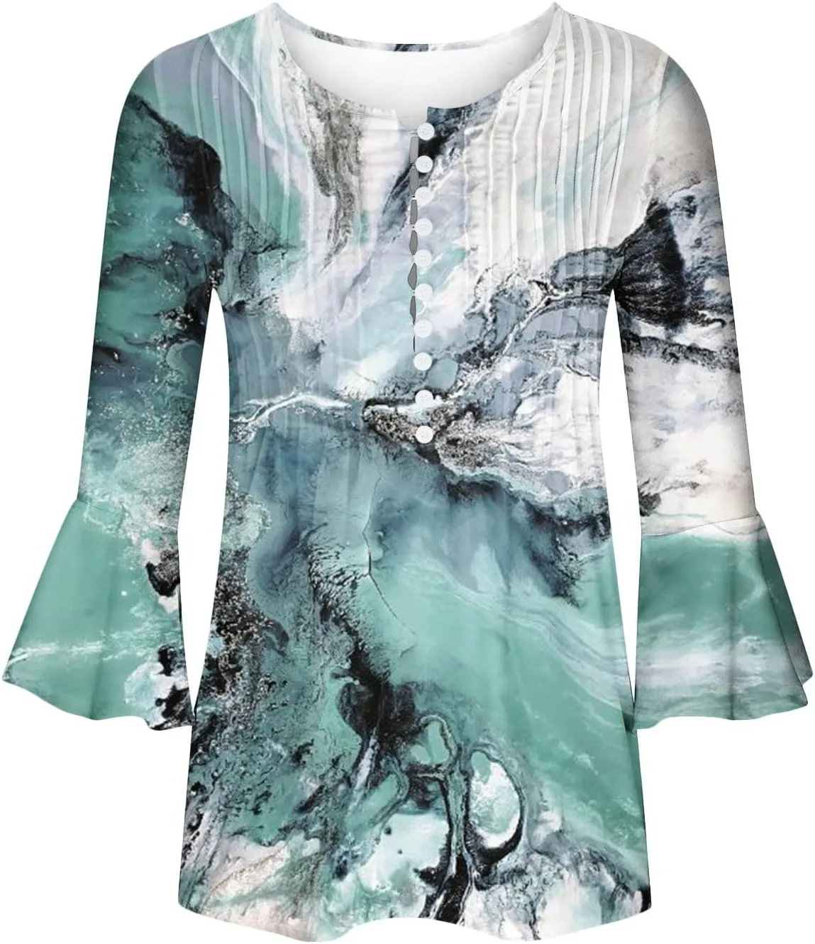 SMIDOW Three Quarter Bell Sleeve Tops for Women Fashion Summer Tunic Shirt 3/4 Sleeve Henley v Neck Boho Floral Tshirt Blouse