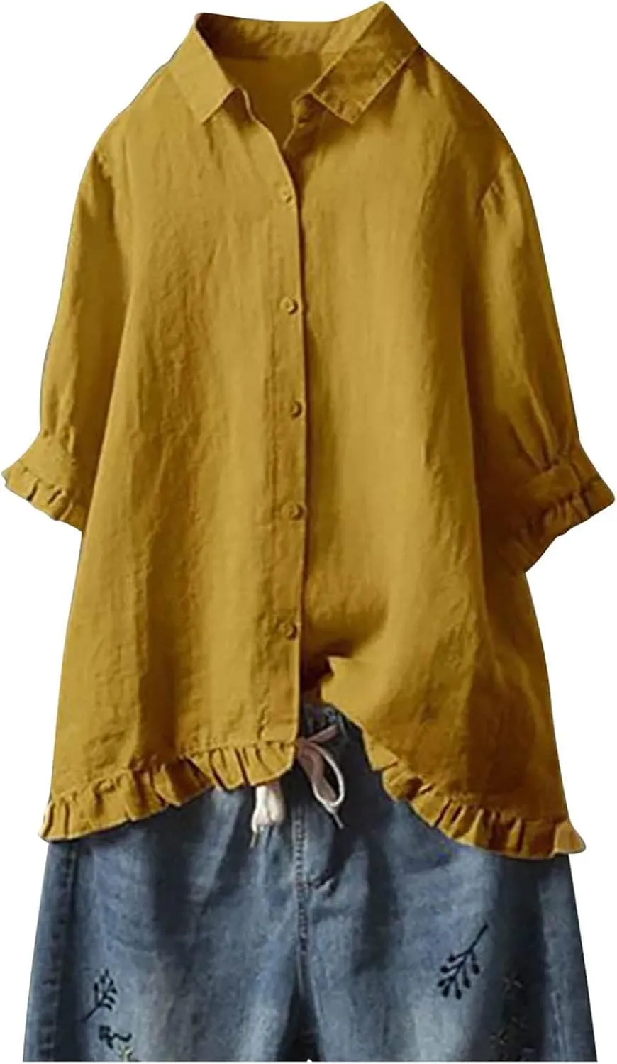SMIDOW Womens Tops Dressy Casual Spring 2023 Half Sleeve Linen Button Down Shirt Solid Plus Size Collared Tshirt Blouse