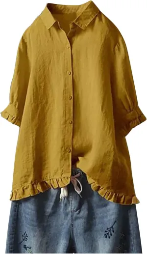 SMIDOW Womens Tops Dressy Casual Spring 2023 Half Sleeve Linen Button Down Shirt Solid Plus Size Collared Tshirt Blouse