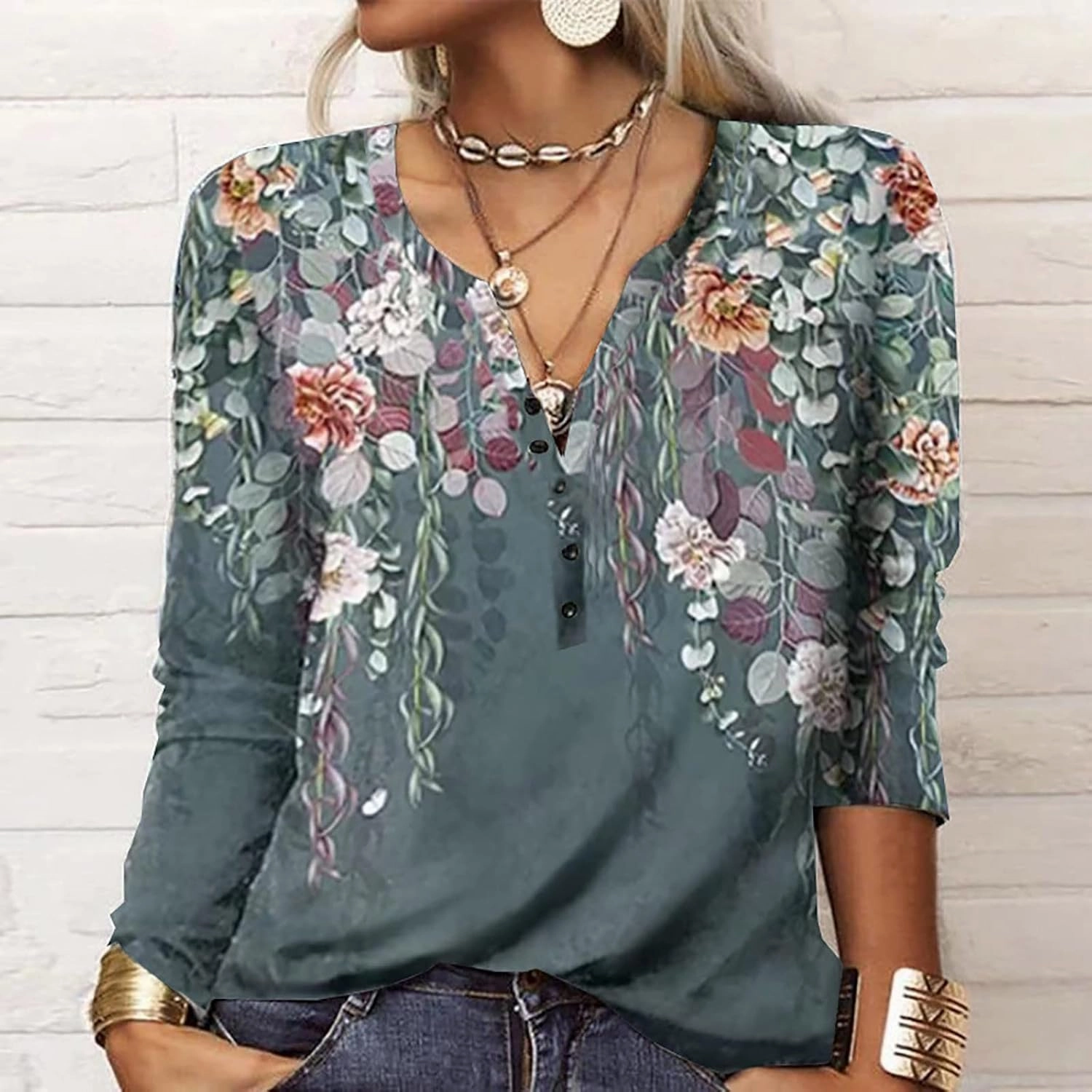 SMIDOW Womens Ethnic Style Long Sleeve Tops 2024 Trendy Spring Shirts v Neck Loose Comfy Pullover Tops Blouse Dressy Casual