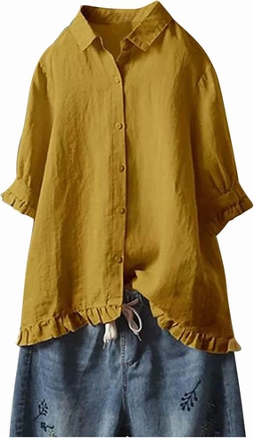 SMIDOW Womens Tops Dressy Casual Spring 2023 Half Sleeve Linen Button Down Shirt Solid Plus Size Collared Tshirt Blouse