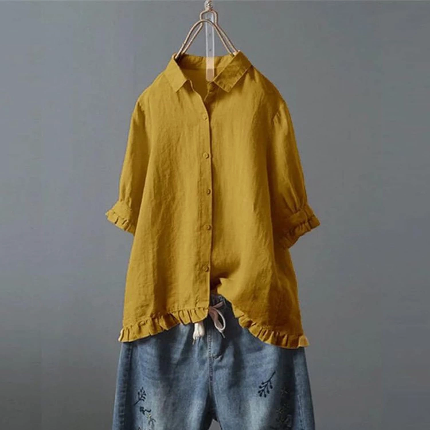 SMIDOW Womens Tops Dressy Casual Spring 2023 Half Sleeve Linen Button Down Shirt Solid Plus Size Collared Tshirt Blouse