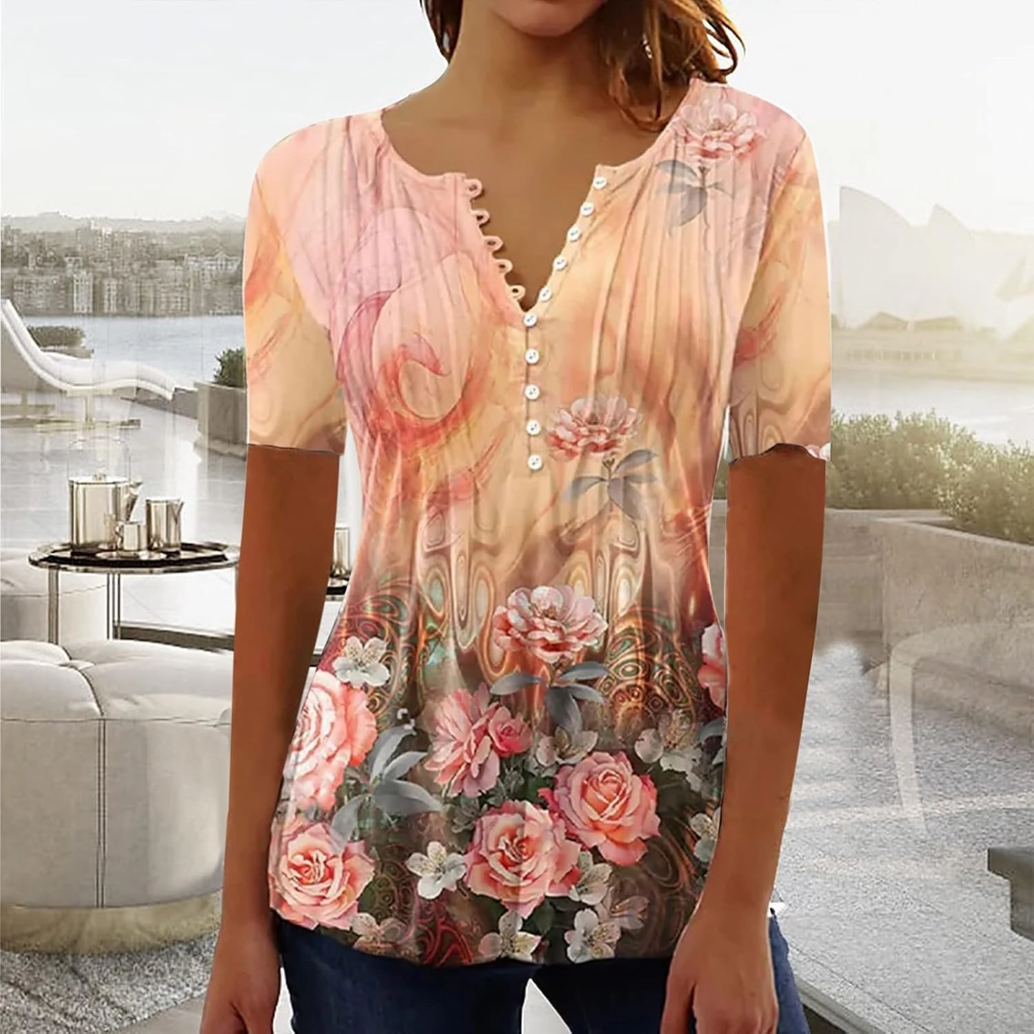 SMIDOW Womens Tunic Tops Trendy Vintage Boho Shirts Short Sleeve Notch v Neck t-Shirt 2023 Casual Summer Blouse Empire Waist