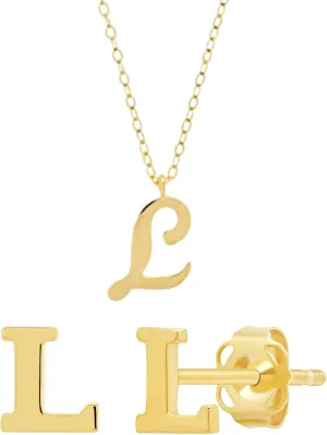 Solid Yellow Gold Initial Letter "L" Stud Earrings & Necklace Set |14k Yellow Gold Small Script 5mm Letter L Stud with 10k Gold Dainty L Script Necklace on a 16-18 inch Cable Chain by Max   Stone
