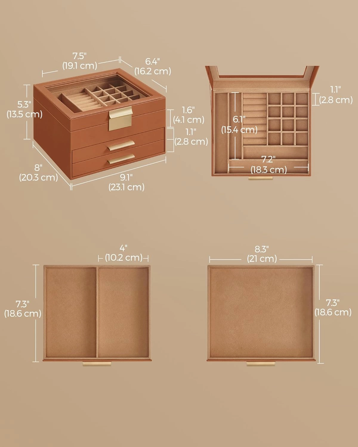 SONGMICS Jewelry Box Organizer with Glass Lid, 3-Layer Jewelry Storage, with 2 Drawers, Modern Style, 8 x 9.1 x 5.3 Inches, Caramel Brown and Gold Color UJBC239K01