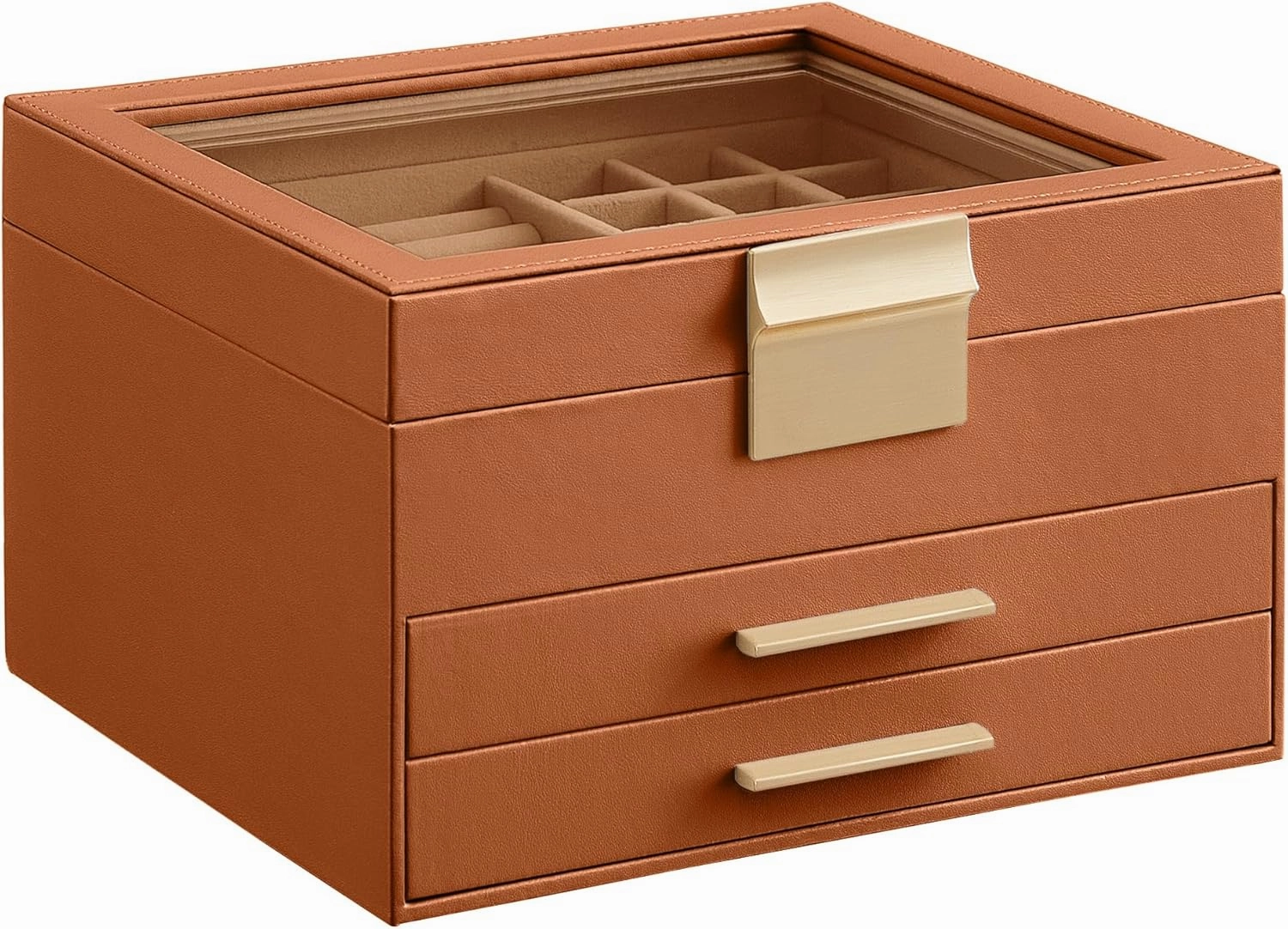 SONGMICS Jewelry Box Organizer with Glass Lid, 3-Layer Jewelry Storage, with 2 Drawers, Modern Style, 8 x 9.1 x 5.3 Inches, Caramel Brown and Gold Color UJBC239K01