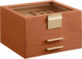 SONGMICS Jewelry Box Organizer with Glass Lid, 3-Layer Jewelry Storage, with 2 Drawers, Modern Style, 8 x 9.1 x 5.3 Inches, Caramel Brown and Gold Color UJBC239K01