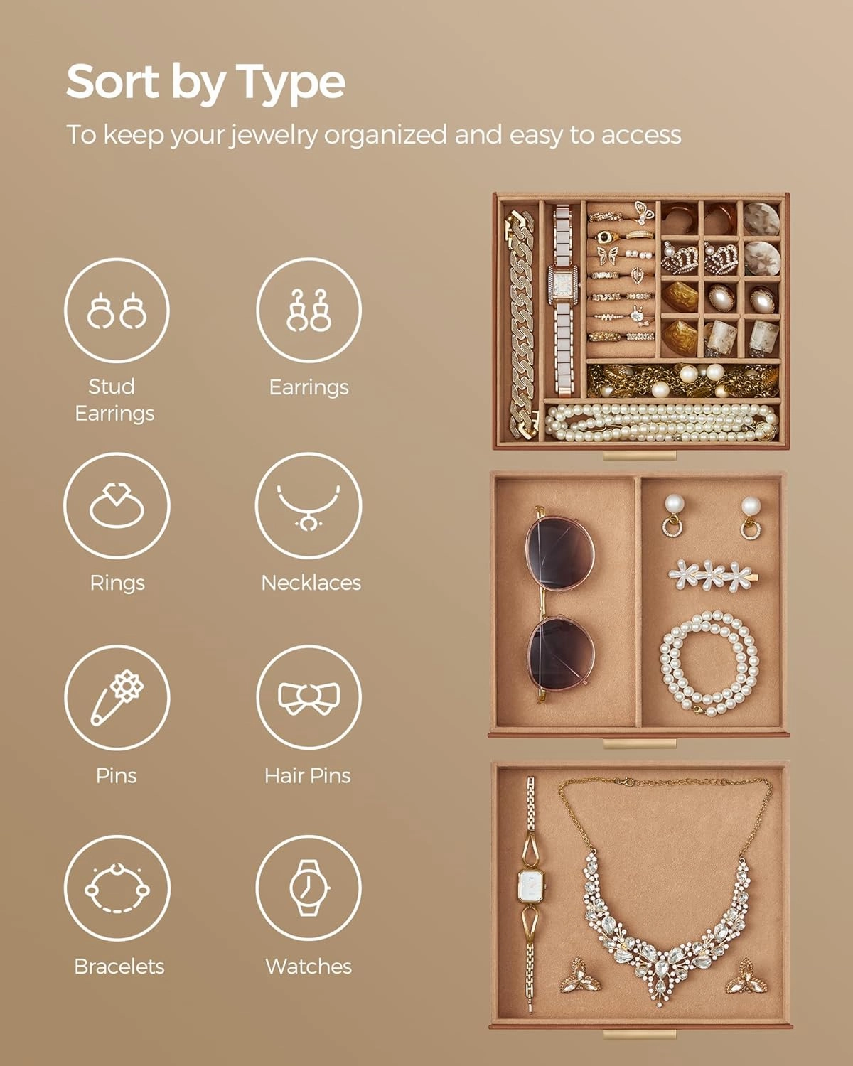 SONGMICS Jewelry Box Organizer with Glass Lid, 3-Layer Jewelry Storage, with 2 Drawers, Modern Style, 8 x 9.1 x 5.3 Inches, Caramel Brown and Gold Color UJBC239K01