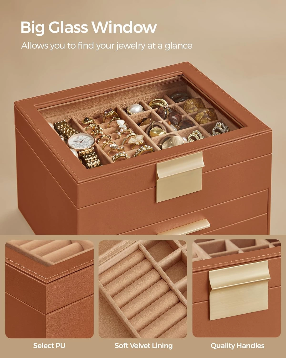 SONGMICS Jewelry Box Organizer with Glass Lid, 3-Layer Jewelry Storage, with 2 Drawers, Modern Style, 8 x 9.1 x 5.3 Inches, Caramel Brown and Gold Color UJBC239K01