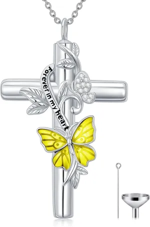 SOULMEET Enamel Butterfly Cross Urn Necklace for Ashes, Cross Moissanite Butterfly Ashes Necklaces with Forever in My Heart Engraved Keepsake Cremation Locket Jewelry for Women Men