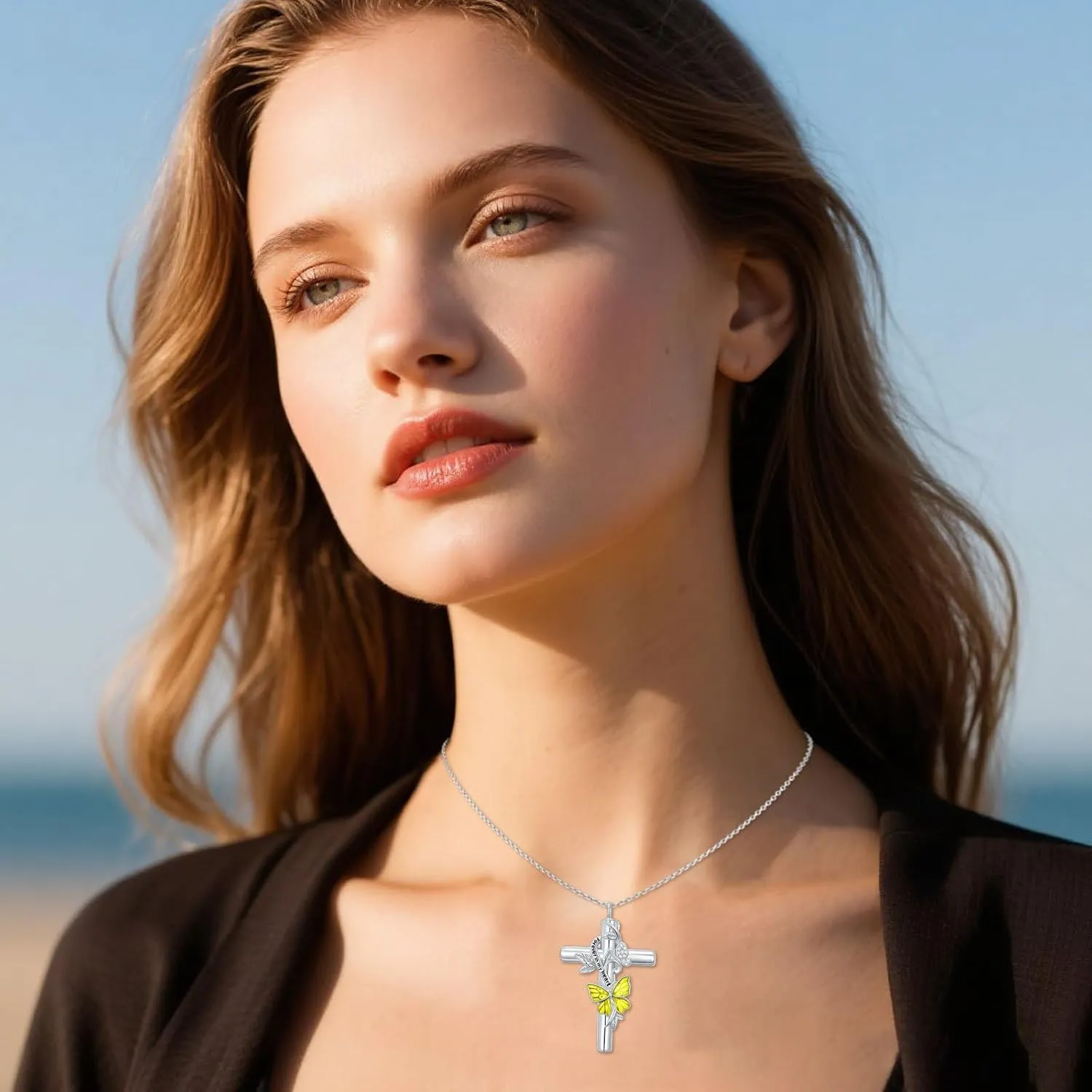 SOULMEET Enamel Butterfly Cross Urn Necklace for Ashes, Cross Moissanite Butterfly Ashes Necklaces with Forever in My Heart Engraved Keepsake Cremation Locket Jewelry for Women Men