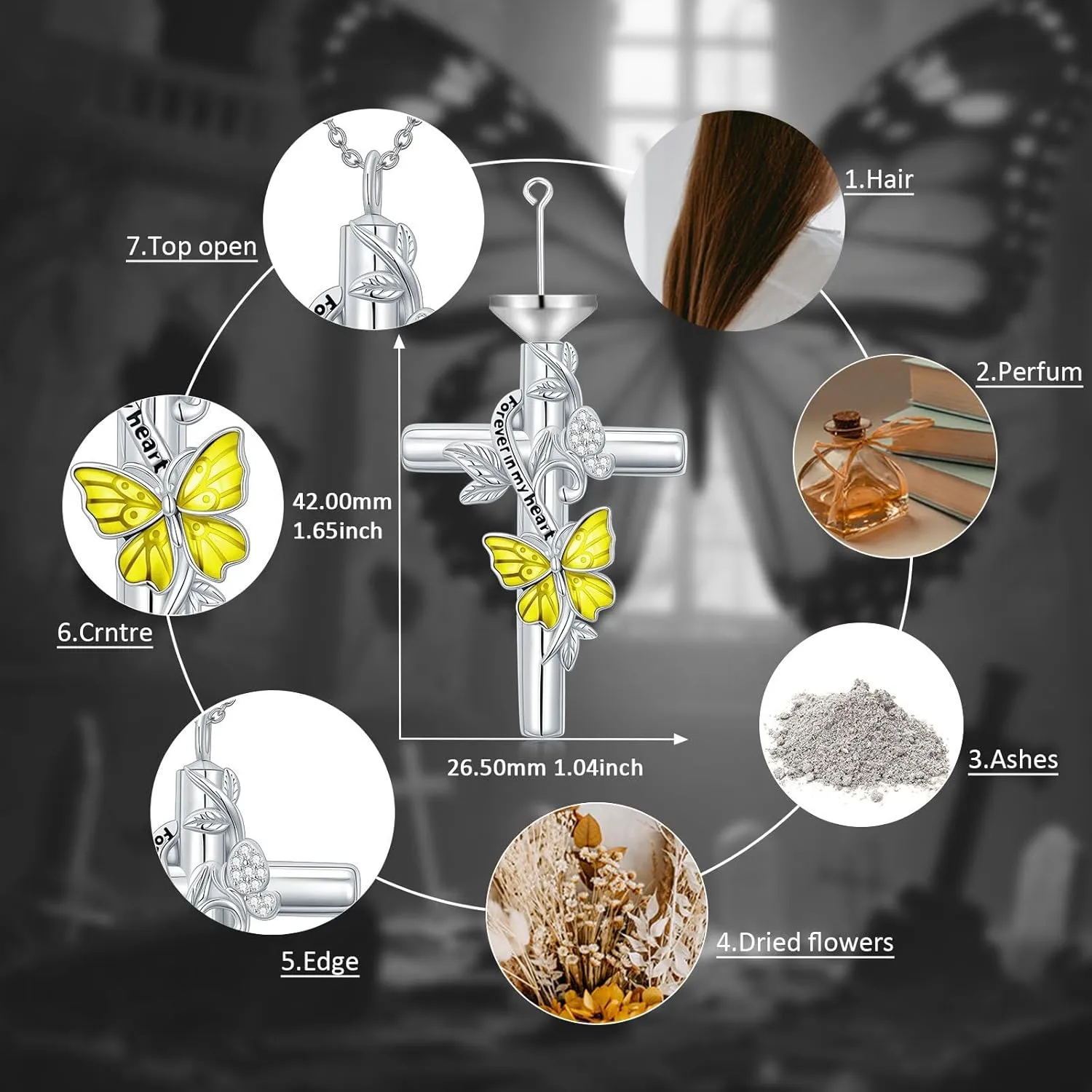 SOULMEET Enamel Butterfly Cross Urn Necklace for Ashes, Cross Moissanite Butterfly Ashes Necklaces with Forever in My Heart Engraved Keepsake Cremation Locket Jewelry for Women Men