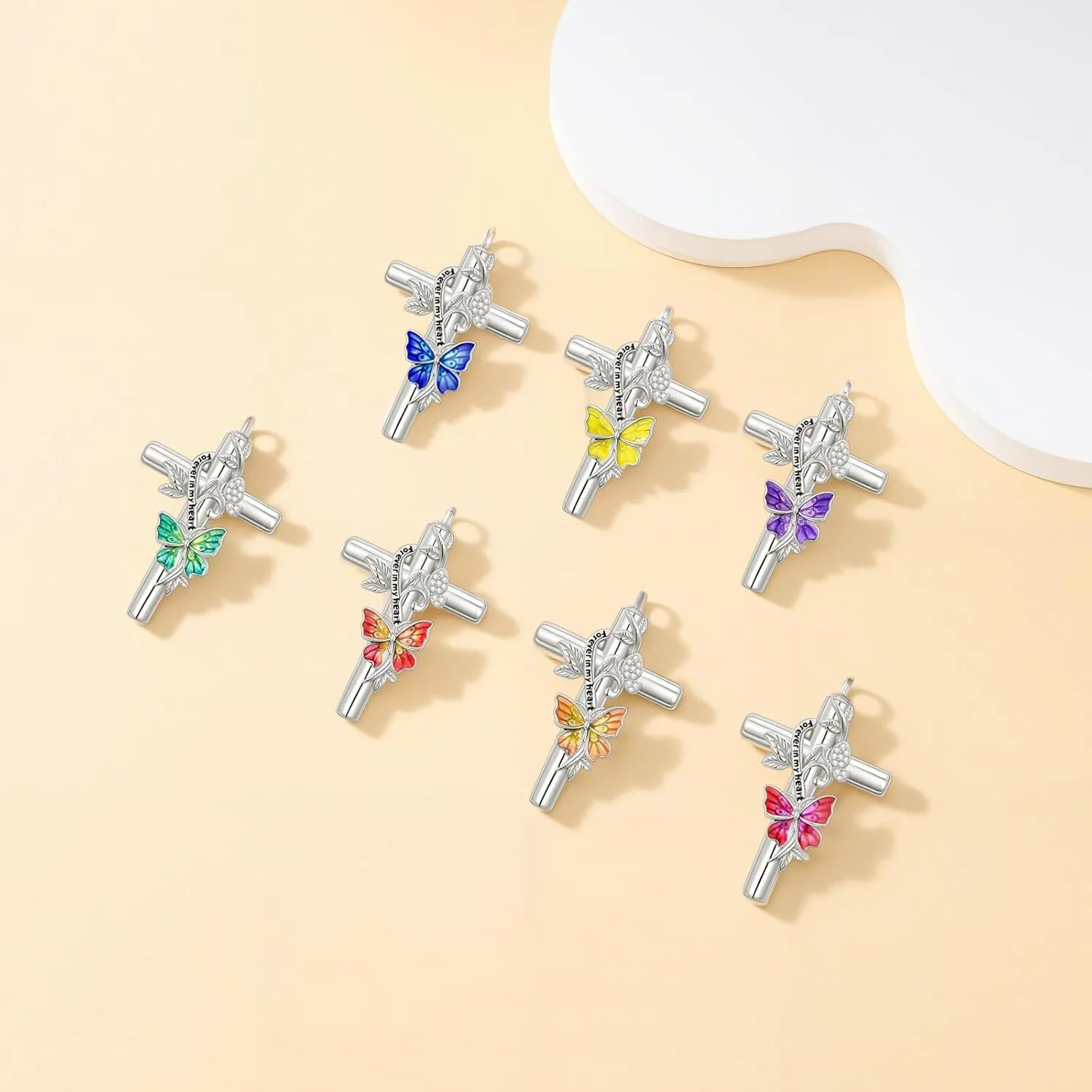 SOULMEET Enamel Butterfly Cross Urn Necklace for Ashes, Cross Moissanite Butterfly Ashes Necklaces with Forever in My Heart Engraved Keepsake Cremation Locket Jewelry for Women Men