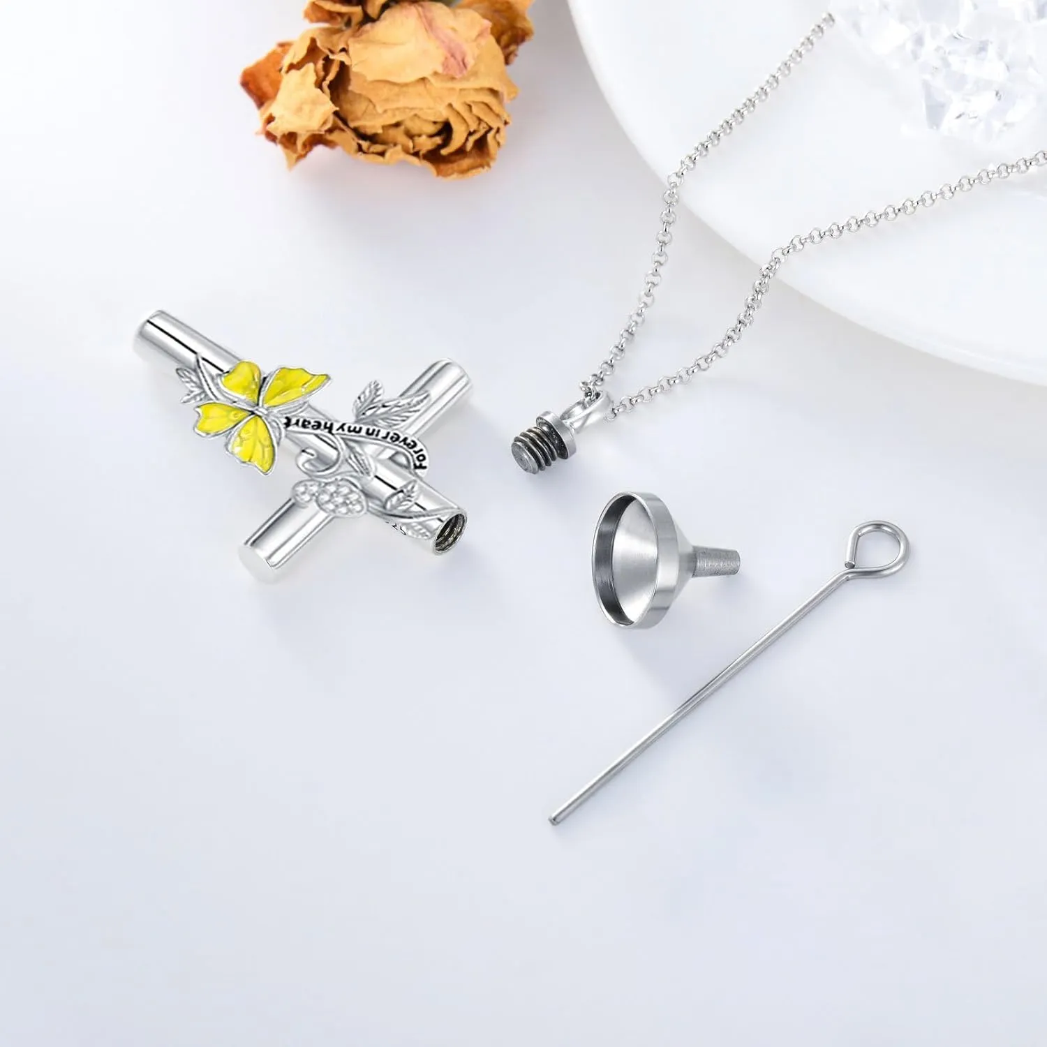 SOULMEET Enamel Butterfly Cross Urn Necklace for Ashes, Cross Moissanite Butterfly Ashes Necklaces with Forever in My Heart Engraved Keepsake Cremation Locket Jewelry for Women Men