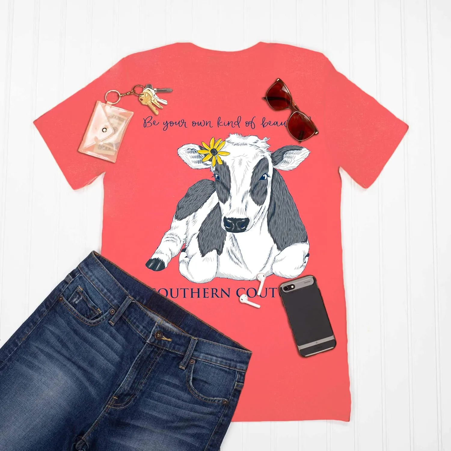Southern Couture SC Classic Be Beautiful Cow Womens Classic Fit T-Shirt - Coral Silk