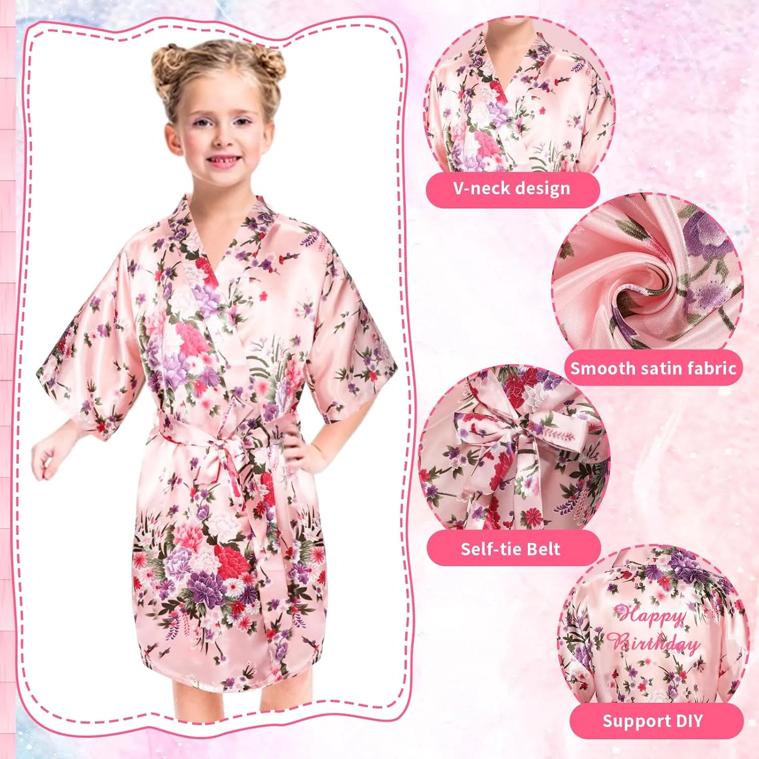 Spa Party Supplies for Teen Satin Robe Bathrobe Silk Pink Kimono Slumber Robe for Spa Birthday Sleepover Party 6 Sets