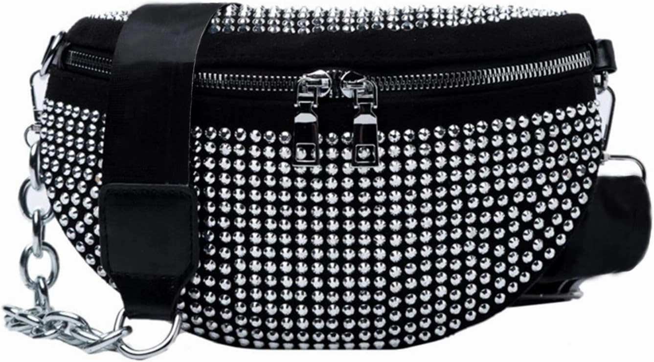 Sparkly Rhinestone Fanny Pack,Leather Waist Packs,Adjustable Belt Bag for Women Club Party Beach Travel (Silver)