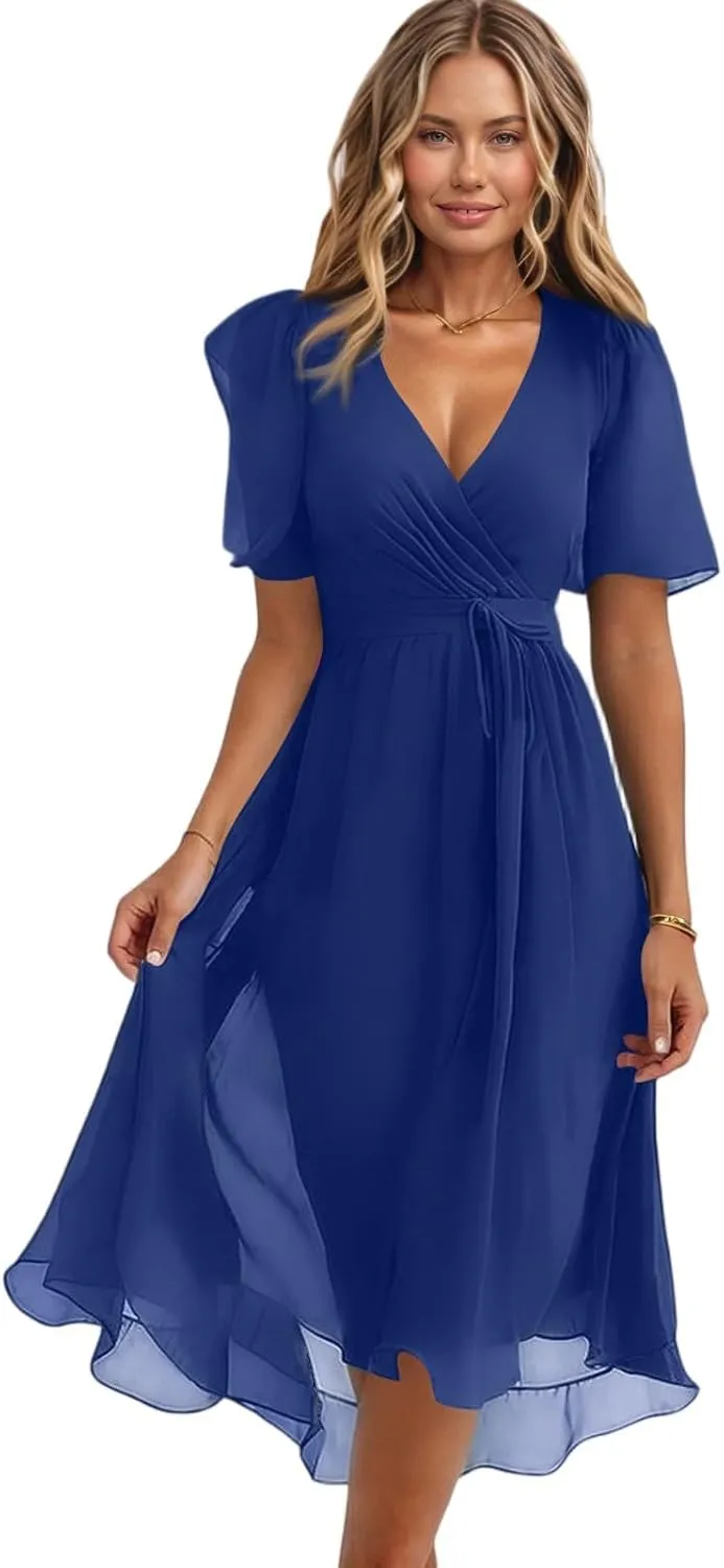 Spring Summer Chiffon Midi Dresses for Women 2025 Elegant Classy Wedding Guest Floral Formal Cocktail Prom Dress