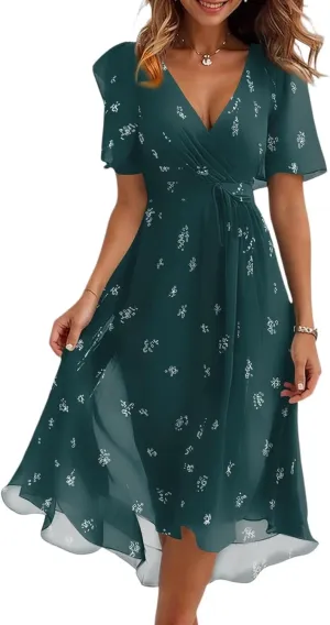 Spring Summer Chiffon Midi Dresses for Women 2025 Elegant Classy Wedding Guest Floral Formal Cocktail Prom Dress