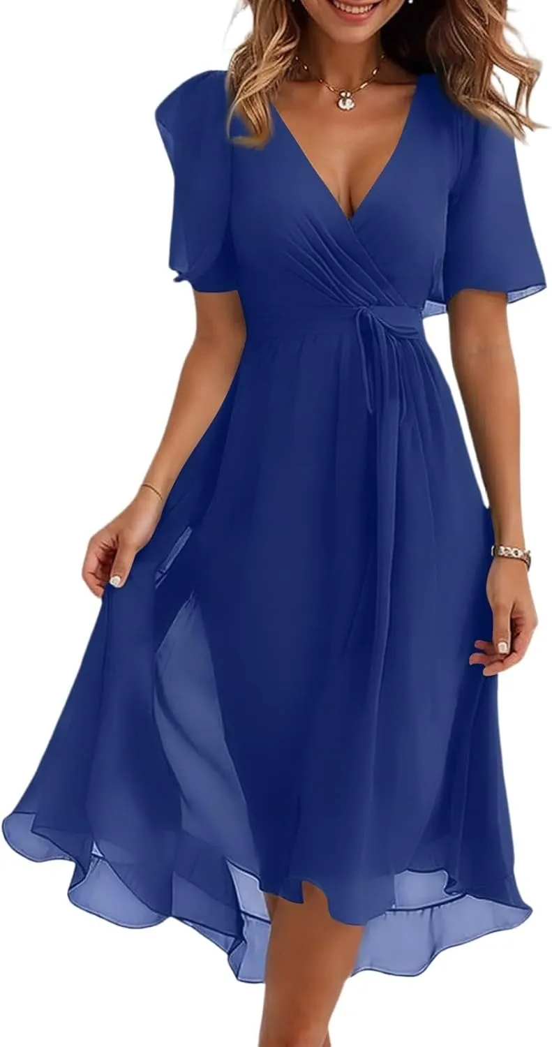 Spring Summer Chiffon Midi Dresses for Women 2025 Elegant Classy Wedding Guest Floral Formal Cocktail Prom Dress