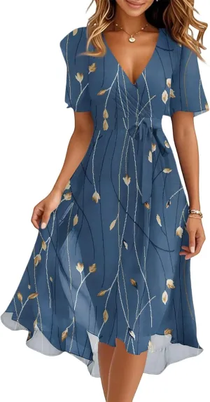 Spring Summer Chiffon Midi Dresses for Women 2025 Elegant Classy Wedding Guest Floral Formal Cocktail Prom Dress