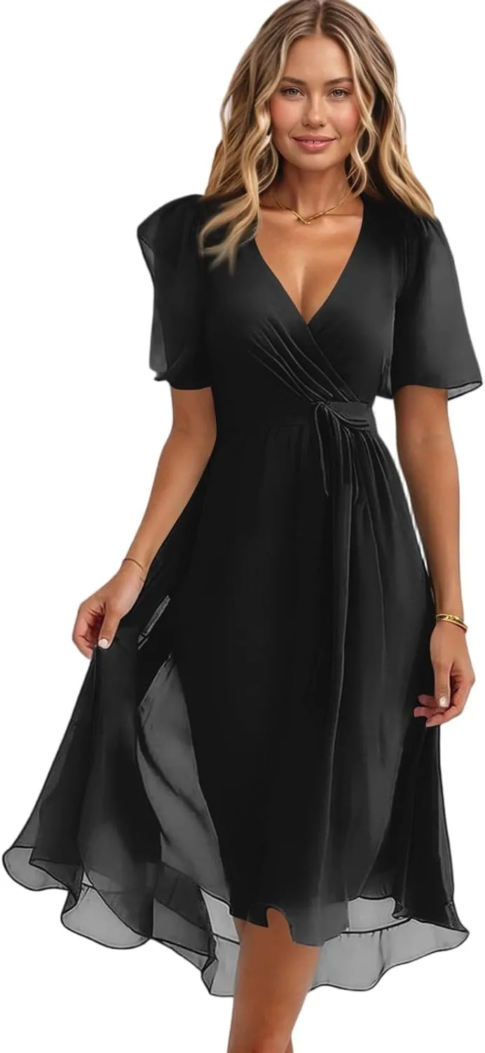 Spring Summer Chiffon Midi Dresses for Women 2025 Elegant Classy Wedding Guest Floral Formal Cocktail Prom Dress