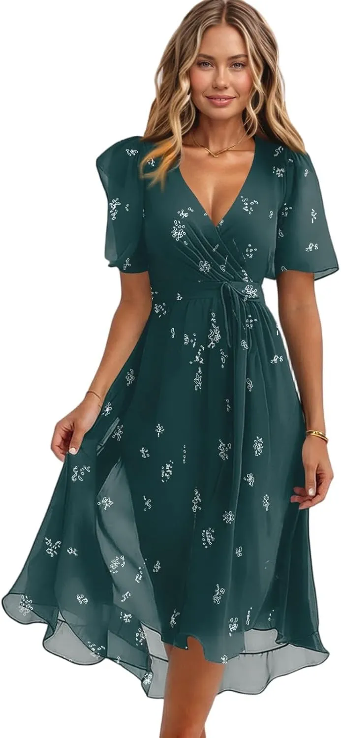 Spring Summer Chiffon Midi Dresses for Women 2025 Elegant Classy Wedding Guest Floral Formal Cocktail Prom Dress