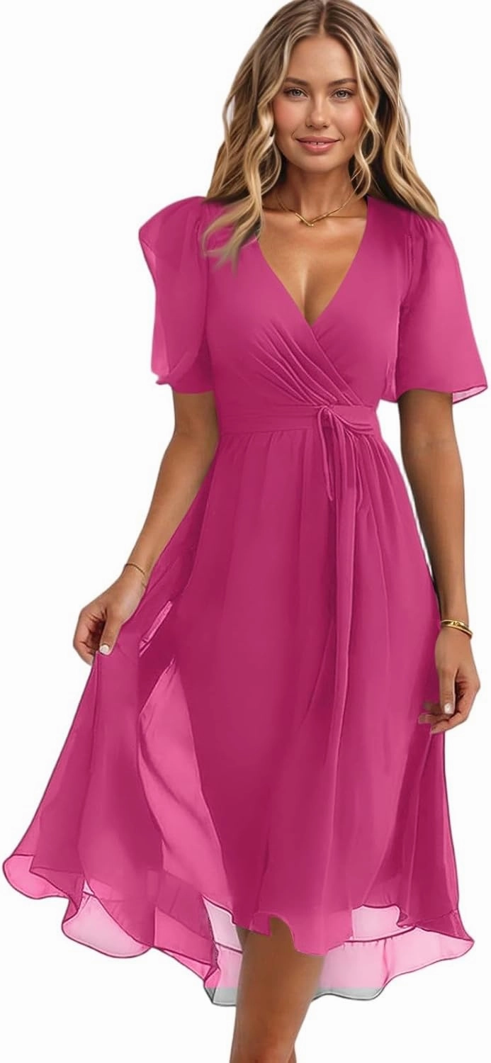 Spring Summer Chiffon Midi Dresses for Women 2025 Elegant Classy Wedding Guest Floral Formal Cocktail Prom Dress