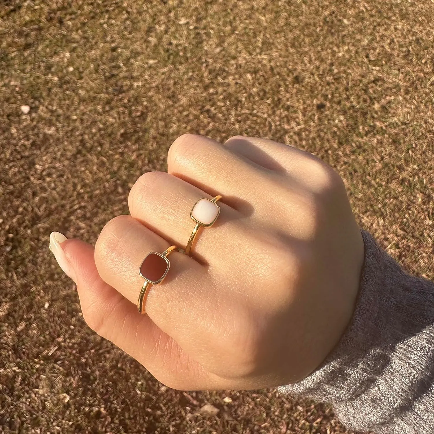 Square Stackable Ring Vintage French Drip Enamel Ring 18K Yellow Gold Plated Sterling Silver for Women Adjustable Open-Style Design
