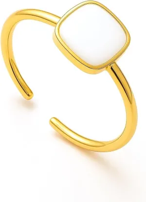 Square Stackable Ring Vintage French Drip Enamel Ring 18K Yellow Gold Plated Sterling Silver for Women Adjustable Open-Style Design