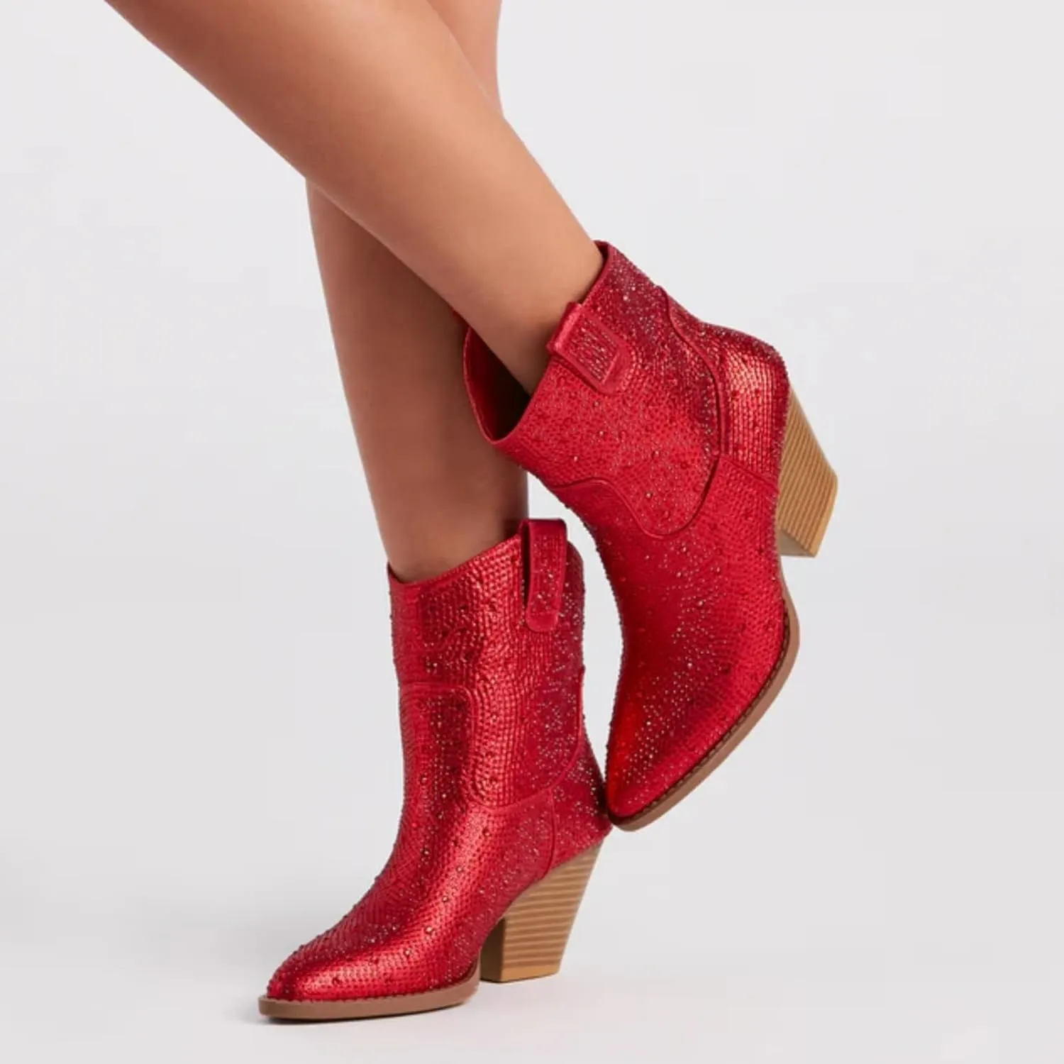 STALOV Women's Western Cowgirl Boots, Embroidered, Silver, Ankle-High, Pointed Toe, Pull-On, Block Heel, Casual, Spring, Fall, Cowboy, Horse Riding