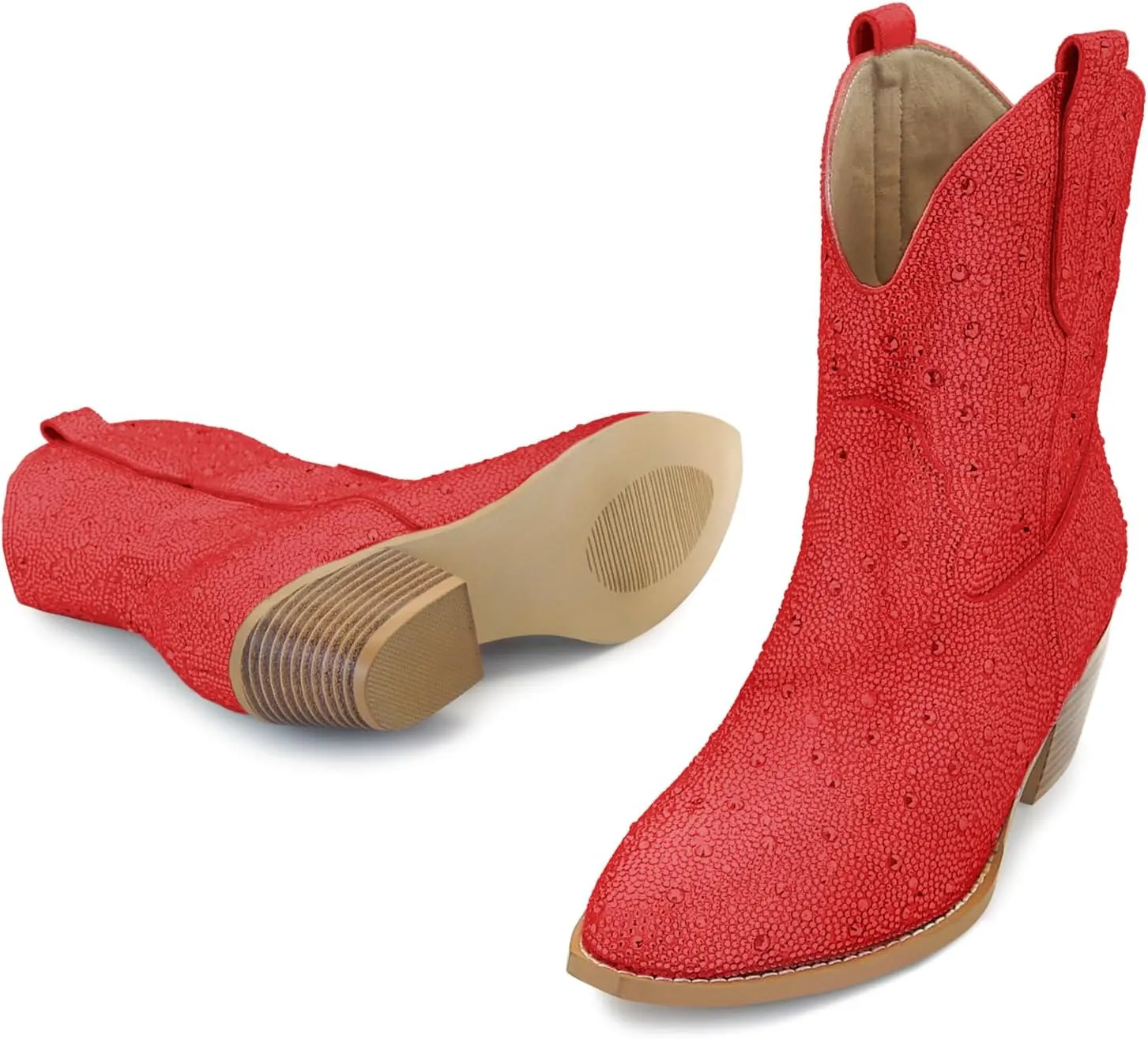 STALOV Women's Western Cowgirl Boots, Embroidered, Silver, Ankle-High, Pointed Toe, Pull-On, Block Heel, Casual, Spring, Fall, Cowboy, Horse Riding