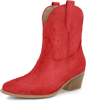 STALOV Women's Western Cowgirl Boots, Embroidered, Silver, Ankle-High, Pointed Toe, Pull-On, Block Heel, Casual, Spring, Fall, Cowboy, Horse Riding