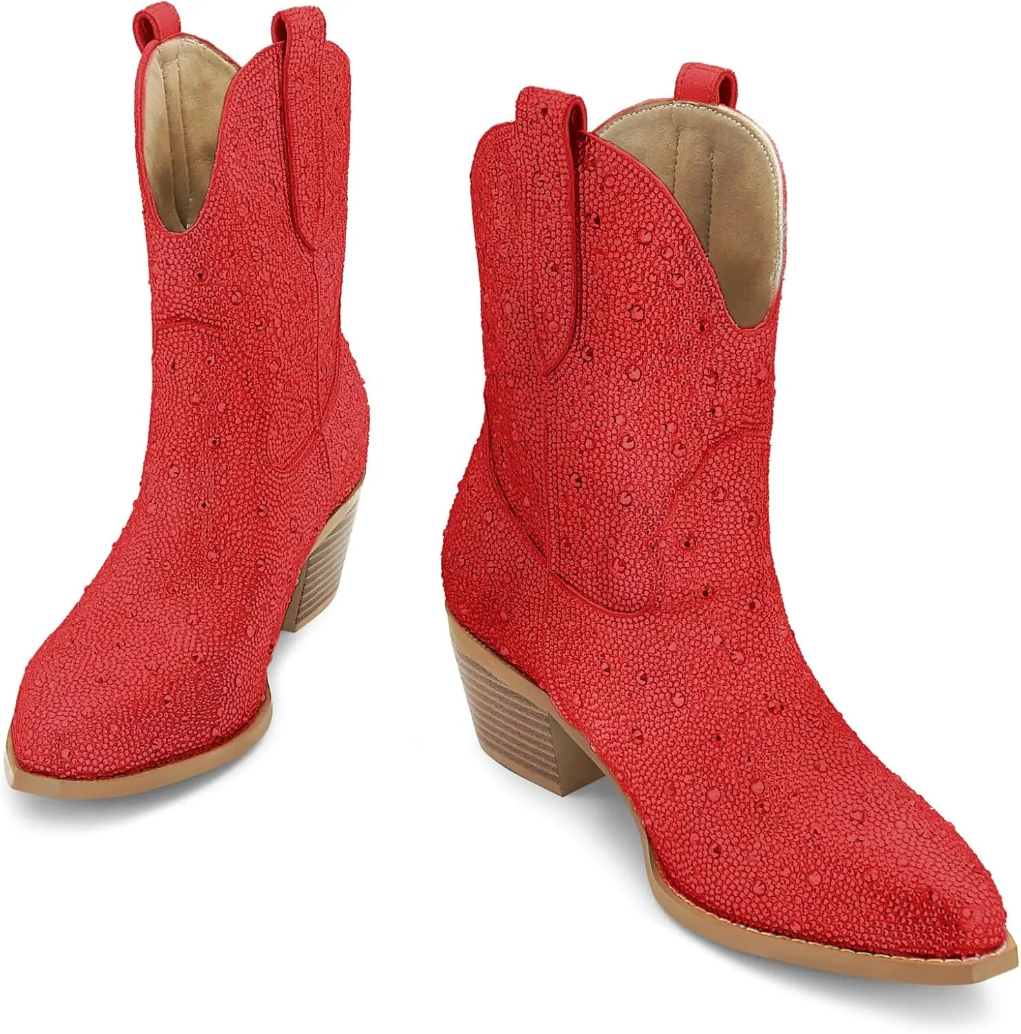 STALOV Women's Western Cowgirl Boots, Embroidered, Silver, Ankle-High, Pointed Toe, Pull-On, Block Heel, Casual, Spring, Fall, Cowboy, Horse Riding