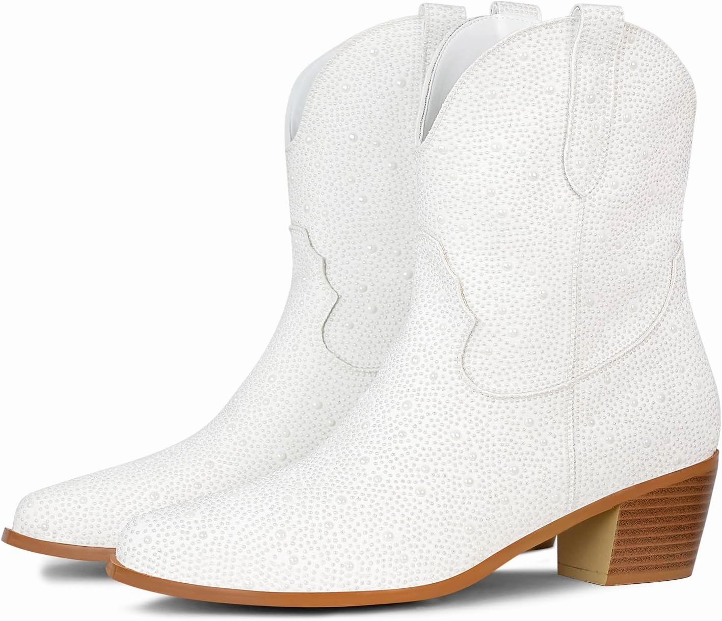 STALOV Women's Western Cowgirl Boots, Embroidered, Silver, Ankle-High, Pointed Toe, Pull-On, Block Heel, Casual, Spring, Fall, Cowboy, Horse Riding