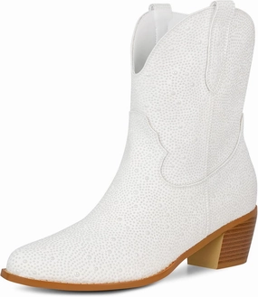 STALOV Women's Western Cowgirl Boots, Embroidered, Silver, Ankle-High, Pointed Toe, Pull-On, Block Heel, Casual, Spring, Fall, Cowboy, Horse Riding