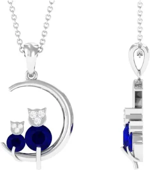 Starlite_Creation001 Sterling Silver Cat Moon Pendant Necklace, Blue Sapphire and Natural Moissanite Accents, 14K White Gold Plated